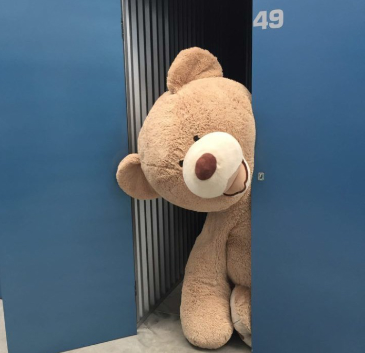 Large teddy bear coming out of internal storage unit
