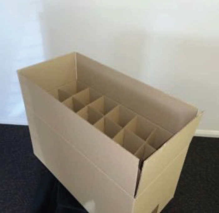 Large storage box open with dividers for glassware