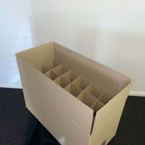 Large storage box open with dividers for glassware